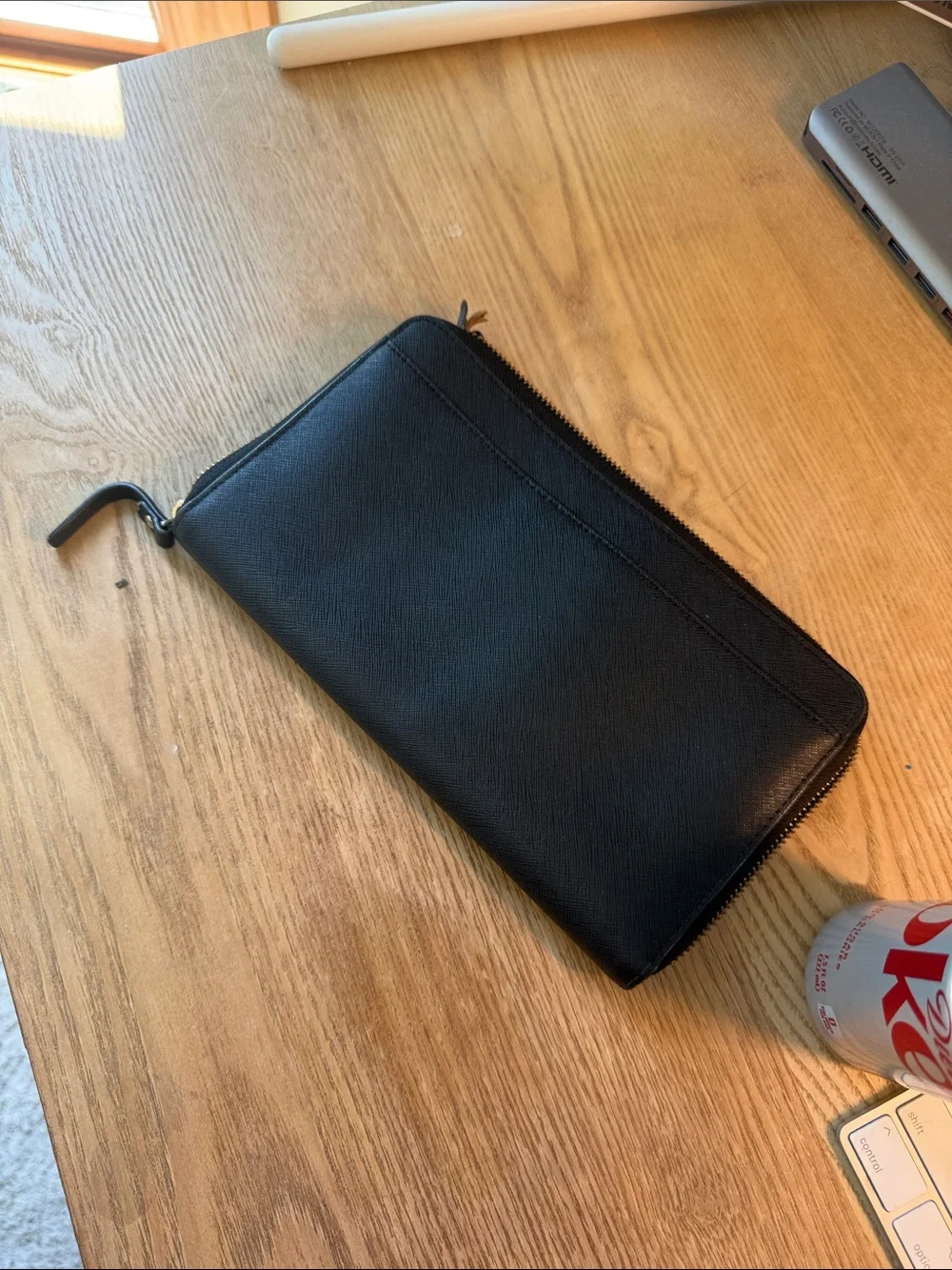 kate spade black zip-around saffiano leather wallet